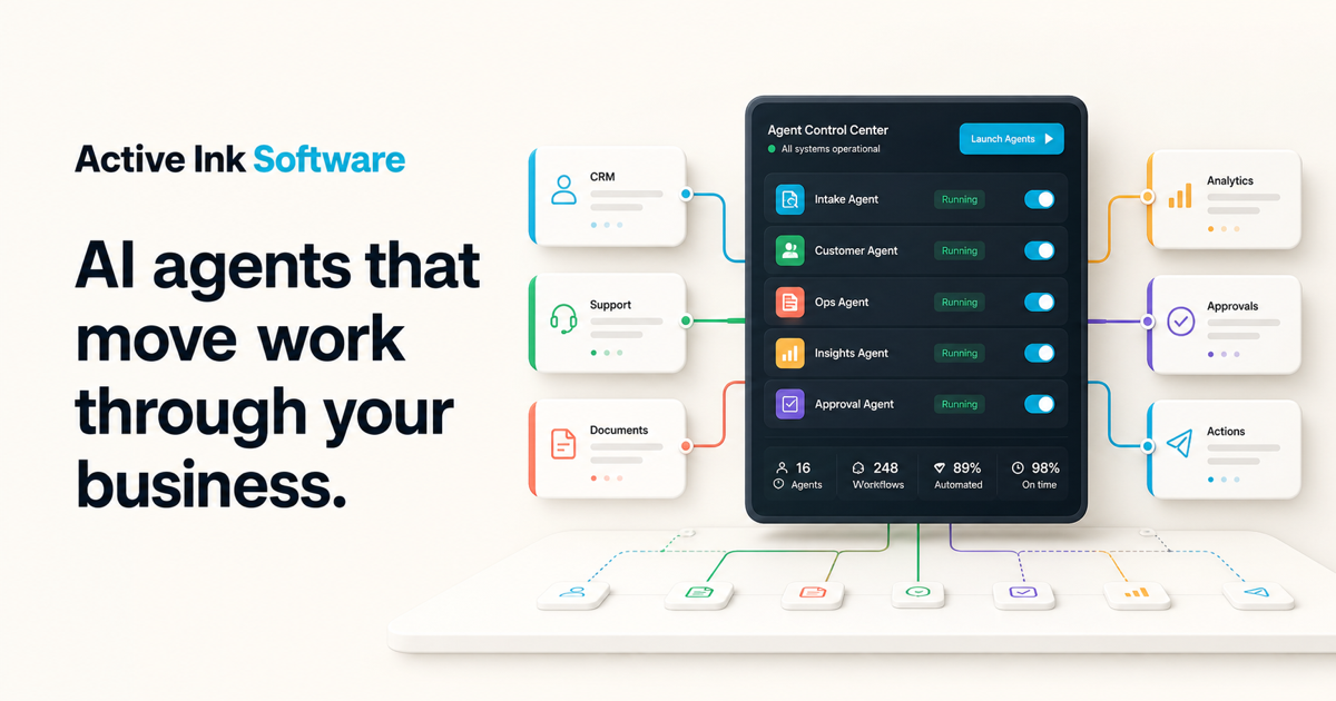 Active Ink Software AI agent control center with connected CRM, support, documents, analytics, approvals, and actions
